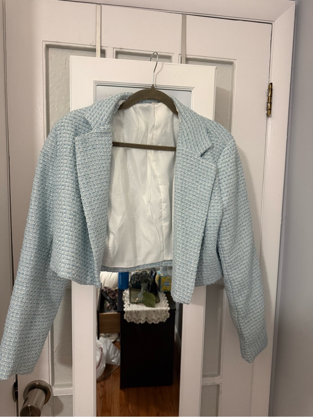 SHEIN Cropped Light Blue Tweed Blazer